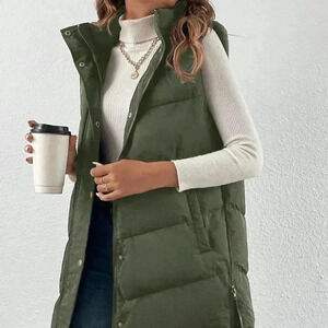 Army Green Casual Women's Zip Up Slant Pocket Sleeveless Hooded Padded Coat